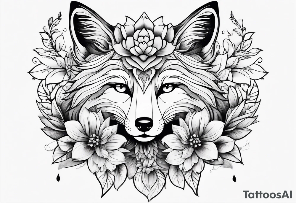 feminin minimalist flowers with fox full body tattoo idea