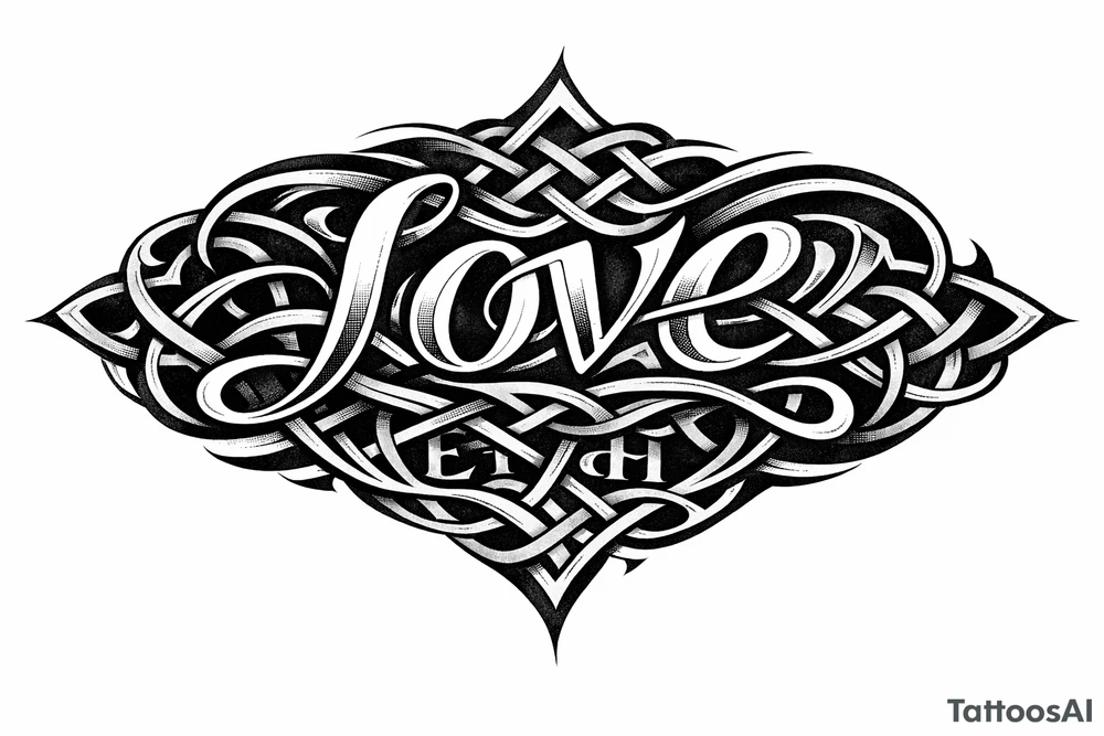Stylized knotwork: 'love' prominent, 'hate' subtly woven in reverse. tattoo idea