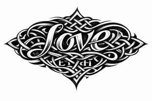Stylized knotwork: 'love' prominent, 'hate' subtly woven in reverse. tattoo idea