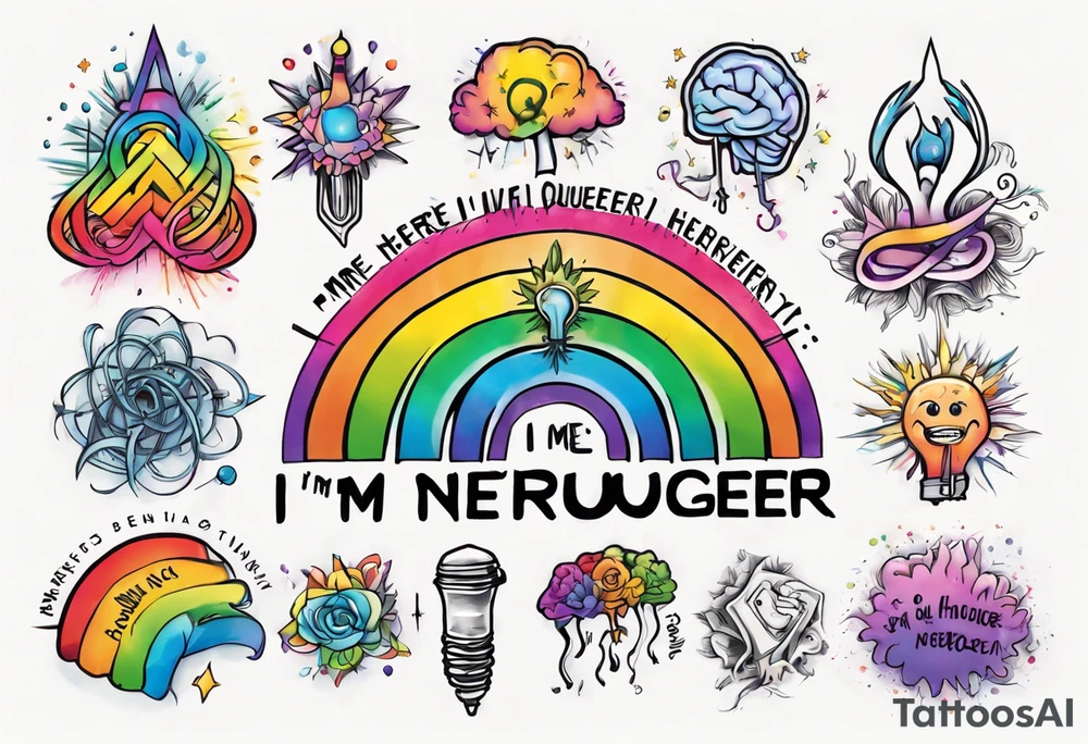 rainbow neurodiversity symbol with the words "I'm Here, I'm Neuroqueer" tattoo idea