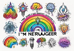 rainbow neurodiversity symbol with the words "I'm Here, I'm Neuroqueer" tattoo idea