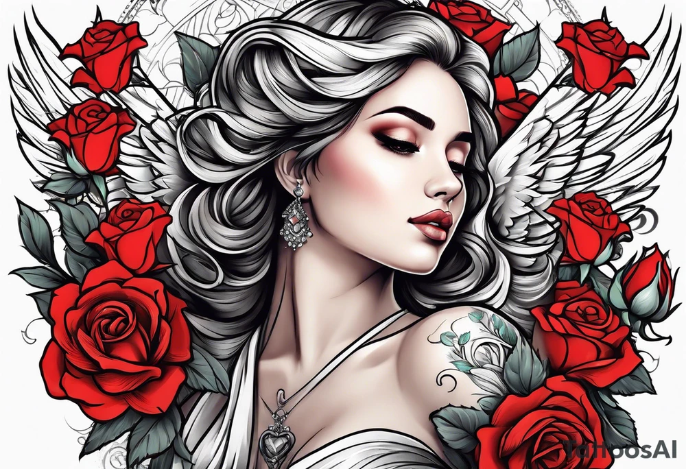 Beautiful woman angle with wings surrounded by roses tattoo idea