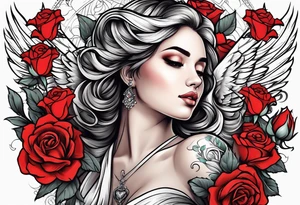 Beautiful woman angle with wings surrounded by roses tattoo idea
