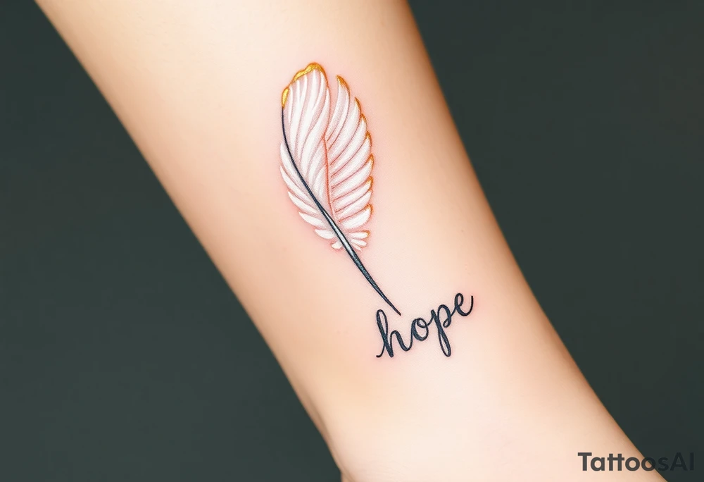 An angel’s feather in soft white with golden tips and word "hope" tattoo idea