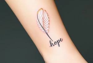 An angel’s feather in soft white with golden tips and word "hope" tattoo idea