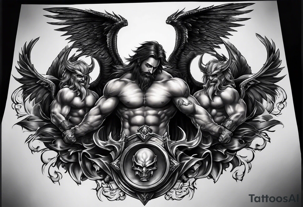 Good vs evil chest piece. On the left side it would be two devils, and on the right there would be two angels. Both sides are in battle, one of the angels has a gun aimed at the devil, while the other angel has a face mask. tattoo idea