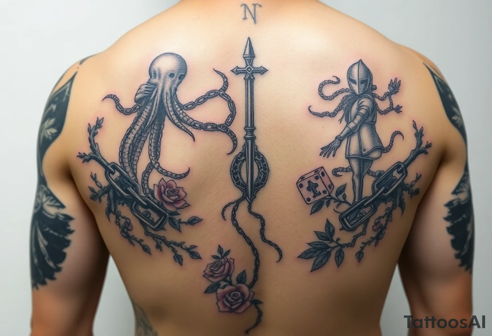 Squid and knight combined with chains, tree roots, cherry blossoms and roses rolling dice tattoo idea