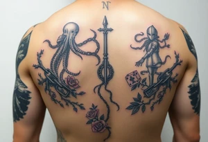 Squid and knight combined with chains, tree roots, cherry blossoms and roses rolling dice tattoo idea