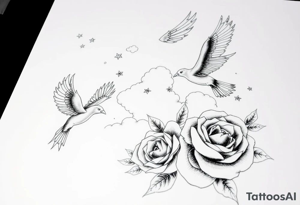 Birds clouds and roses tattoo idea