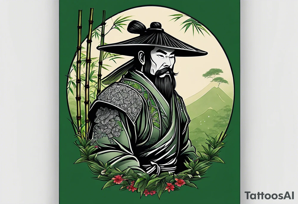 Irezumi style ronin in bamboo grove in front of green scale background tattoo idea