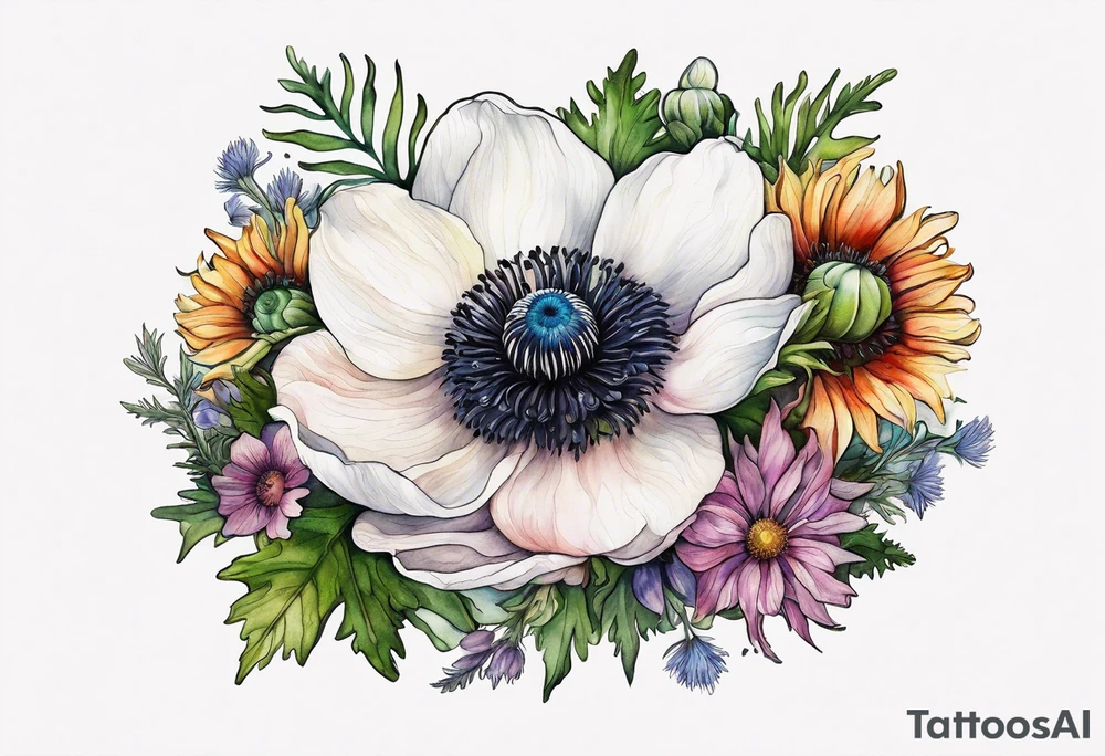one white anemone with black center in the middle of mixed colorful wildflowers all with different shapes including thistles, ferns, ranuculus, and sun flowers all in watercolor tattoo idea