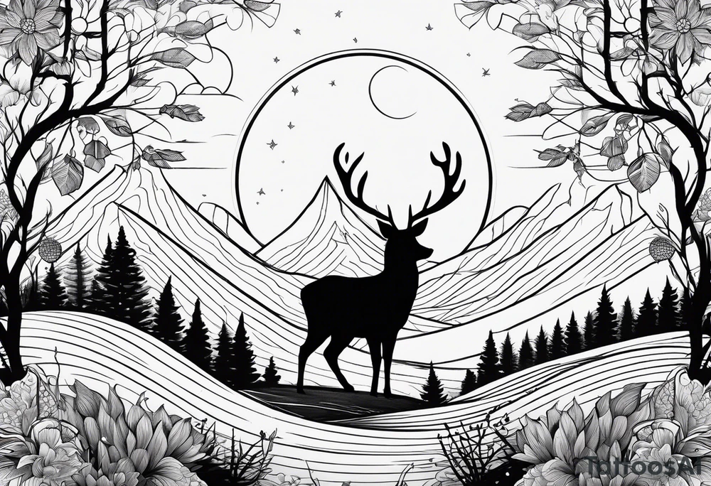 “Generate a minimalist tattoo showcasing a symmetrical scene of rolling hills and a rising sun, with small animals like deer or foxes incorporated into the design. tattoo idea
