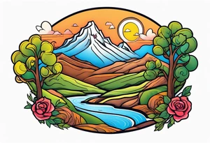 create Mediterranean climate with mountain in the background, add an oak tree, rose bush, dove with olive leaf, singing nightingale, lantern with a lit candle. tattoo idea