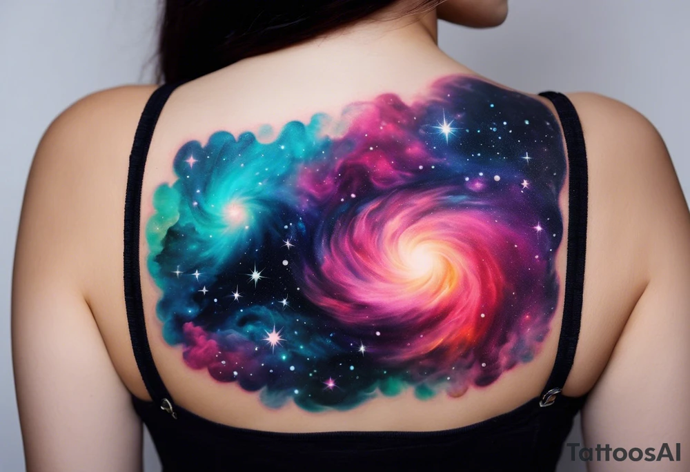 I want a nebula space galaxy s kinda shape 
tattoo that's colorful and bright and cute and is nice to look at I don't want a traditional circle I want it like the ones thay look like an s shape and this tattoo will be on my left buttcheek and light colors I want more spread and less circle side to life Left to right a spiral galaxy in prominently blue light or dark tattoo idea