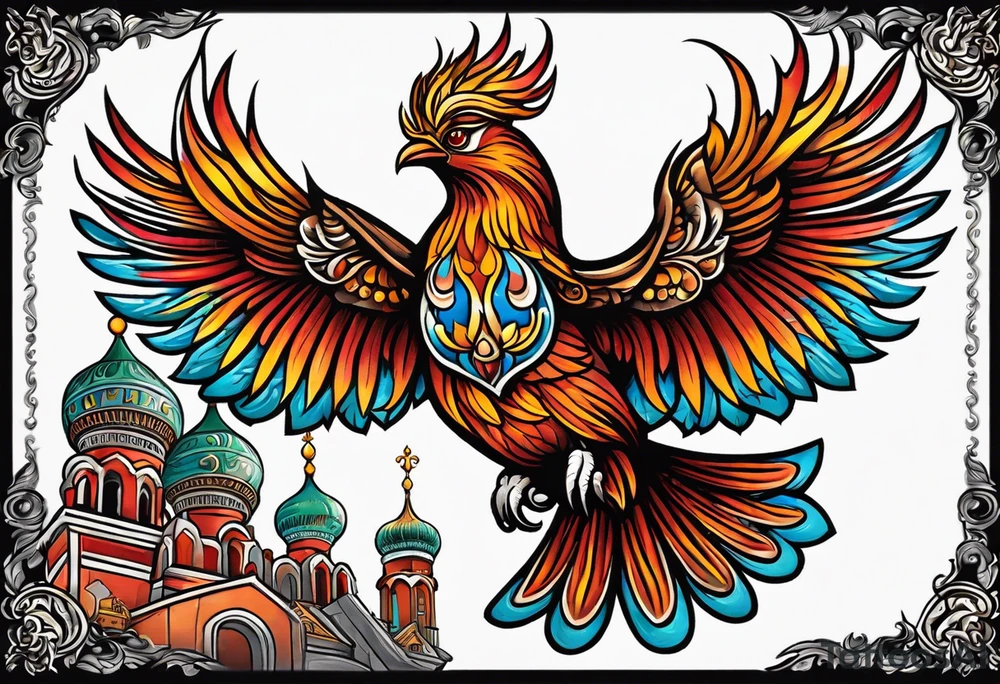 russian firebird in-flight with fancy tail and small onion cap monastery towers in background tattoo idea