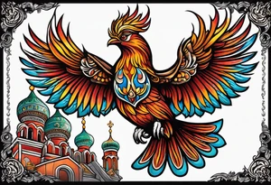 russian firebird in-flight with fancy tail and small onion cap monastery towers in background tattoo idea