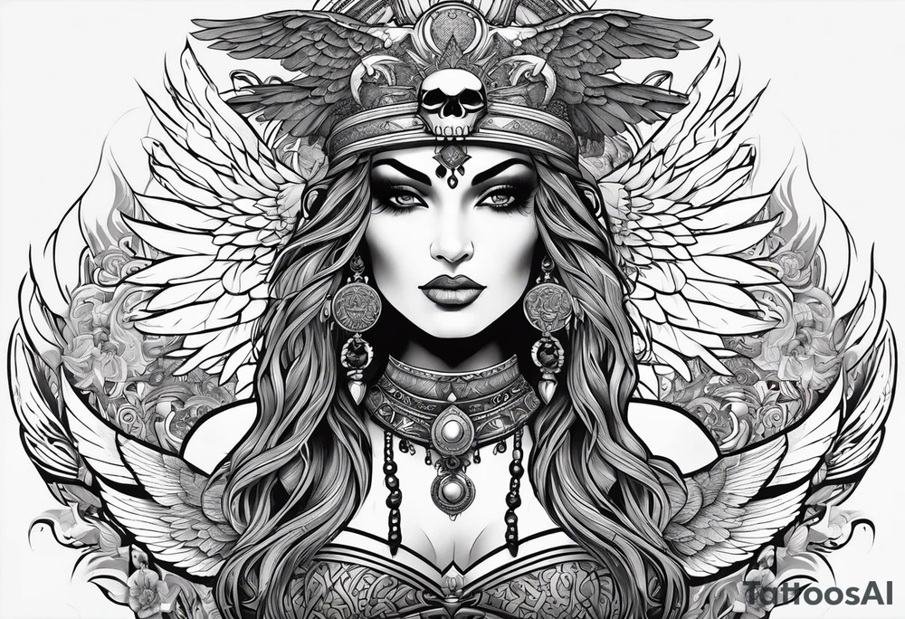 black kali, goddess pirate, alien, pachamama, valkrye, warrior, skull, lotus azul, wing, eagle, zenza resonance, stars, one side chest tattoo idea
