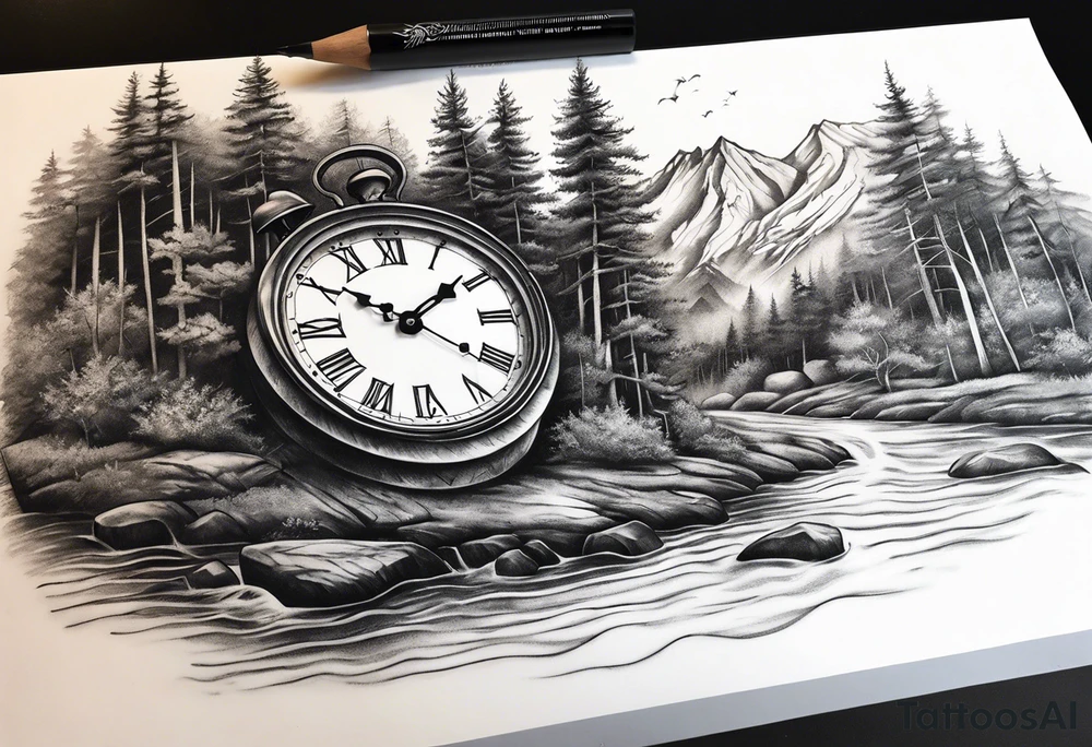 Sleeve design, forest, river, clock tattoo idea