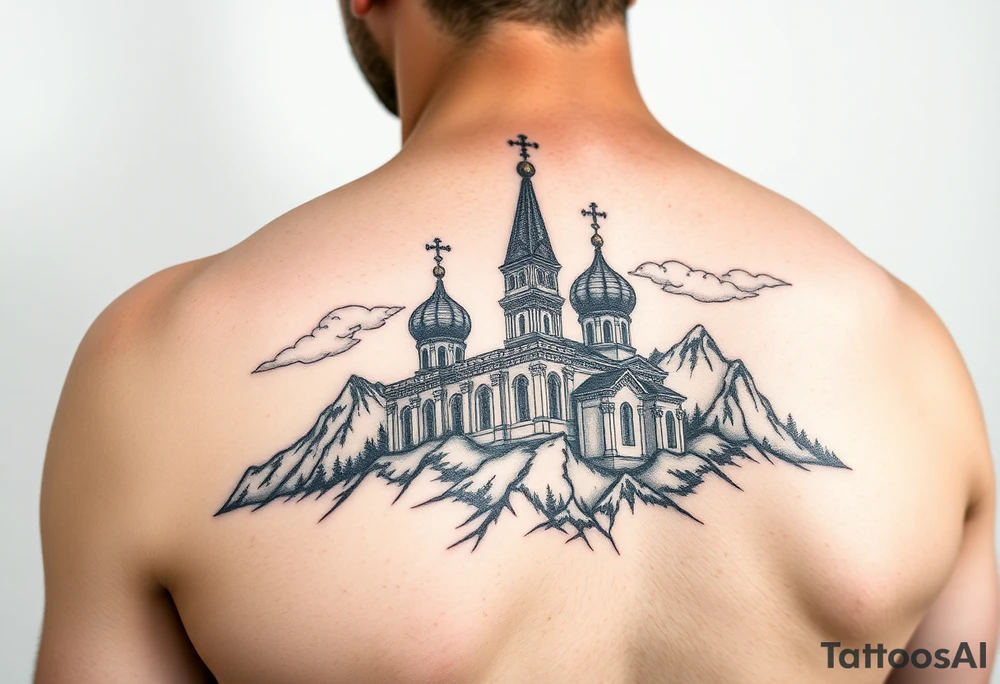 russian orthodox christian left arm tattoo with st basils cathederal in a mountainous setting with clouds tattoo idea