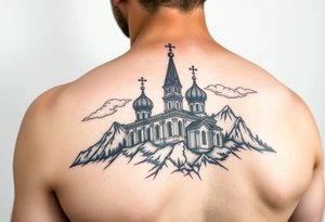 russian orthodox christian left arm tattoo with st basils cathederal in a mountainous setting with clouds tattoo idea