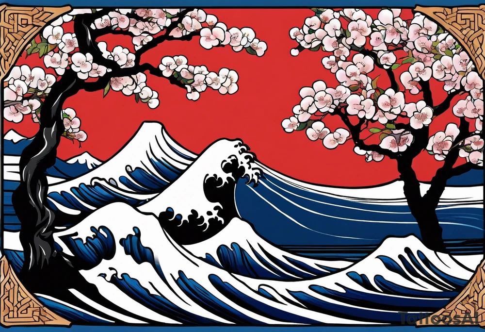 Hokusai great wave, inside two black lines, with some cherry trees. Tattoo for a man' s wrist tattoo idea