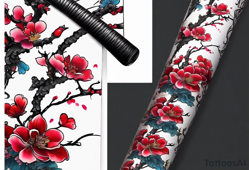 A full length katana with blood on the blade that is wrapped in a sakura with many flowers tattoo idea