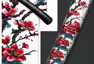 A full length katana with blood on the blade that is wrapped in a sakura with many flowers tattoo idea