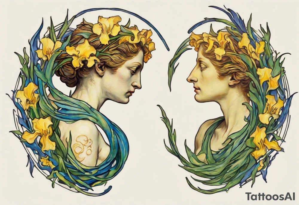 Create a colorful Vincent van Gogh Irises tattoo with an ancient Greek female statue in the middle. The tattoo should take the form of a crescent, with vines gracefully intertwining at a central point in the middle of the wreath.  The intended placement is on the upper chest. The overall design should be small in size while maintaining a delicate and artistic aesthetic. Pay attention to the graceful flow of the vines and the placement of the irises to achieve a refined and elegant look. tattoo idea
