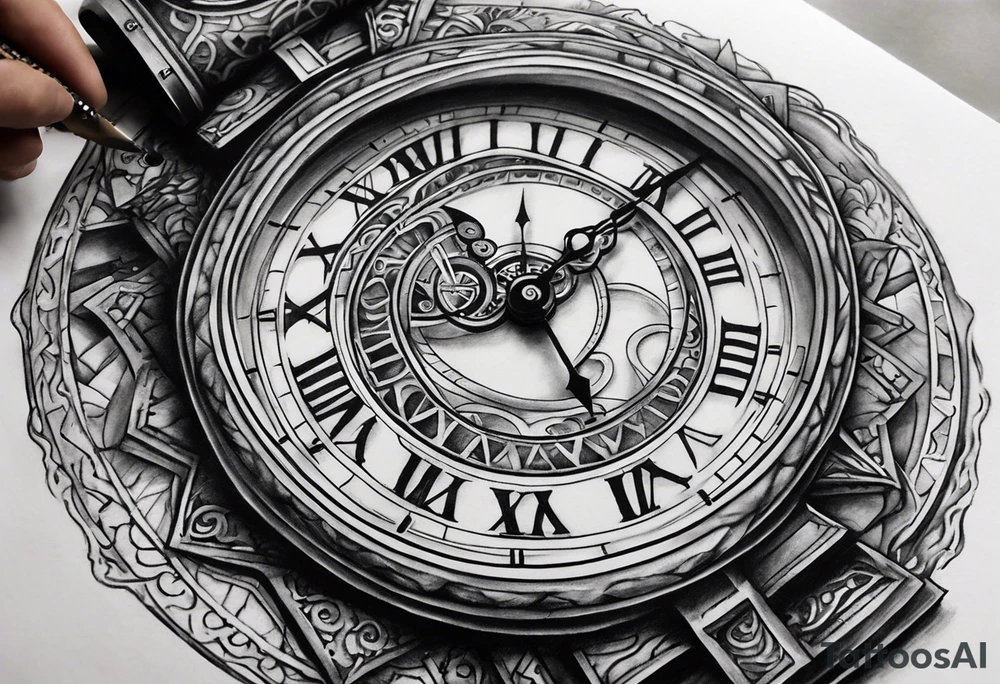 draws a clock which is mixed with an hourglass. they are surrounded by Roman numerals. it is a black and white tattoo for the right shoulder of a man tattoo idea