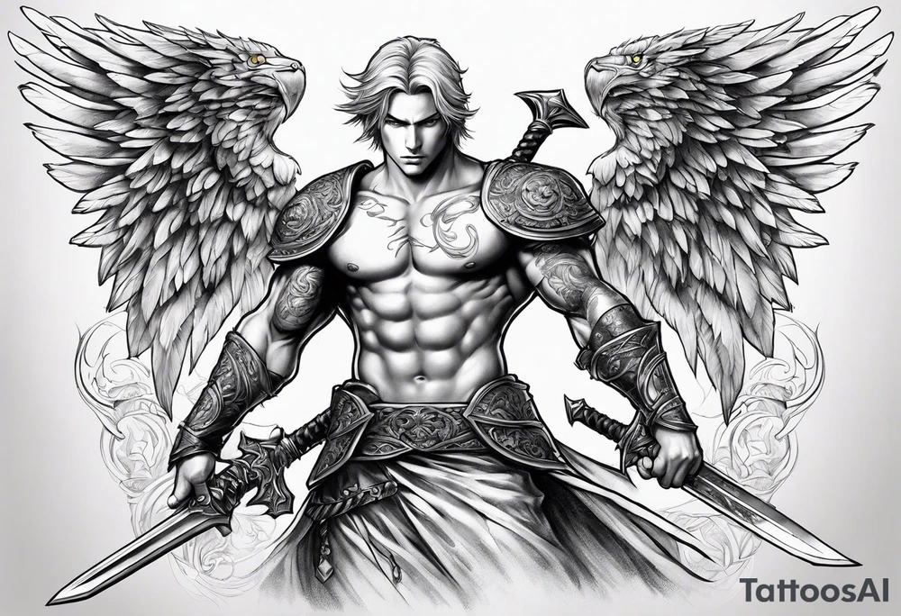 Arch angel fighting sword male full body short hair tattoo idea