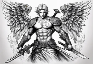 Arch angel fighting sword male full body short hair tattoo idea