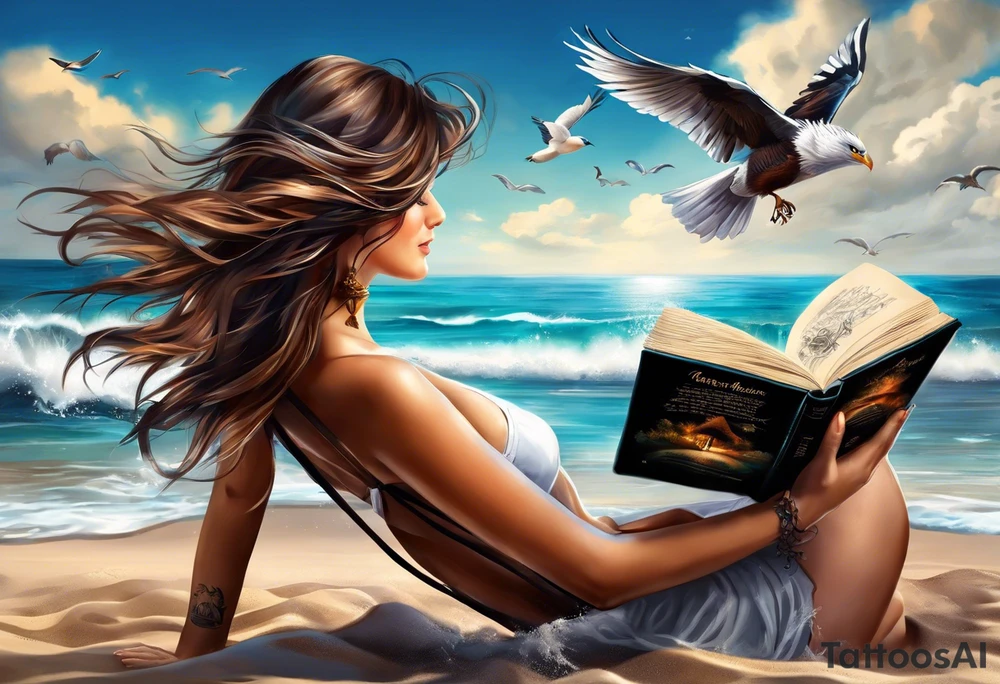 Someone is sitting on the beach reading a book and the pages are flying in the wind, the purpose of the tattoo is to emphasize that just as the pages are flying in the wind, you also have to flip through situations in life tattoo idea