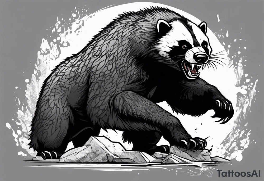Draw me psychopath Fearless Honey Badger/Berserker with aggressive full body, killer face with a scary smile, very long nails and he attacks like a Bloody Assassin/Warrior/Gladiator to us and also, he has very deadly looking. He fights with his nails only. Everybody scares after their first sight. Give me horror type Badger Tattoo. I want to see his Realistic full body with no weapons. You can show destruction at the back. tattoo idea