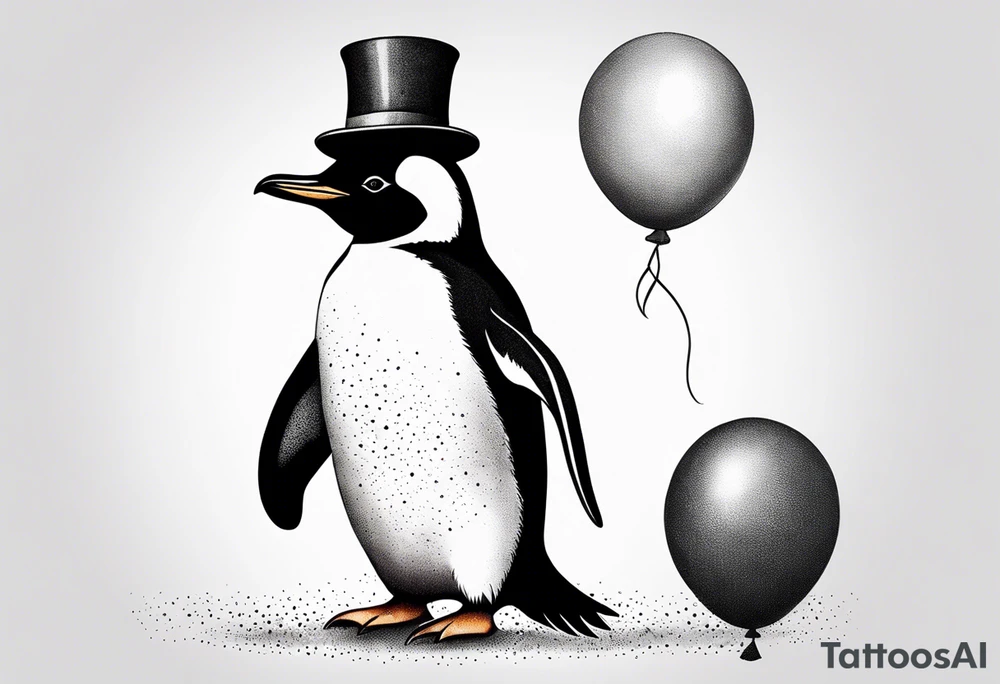 Realistic Penguin with a party hat and a ballon crosshatch style tattoo idea