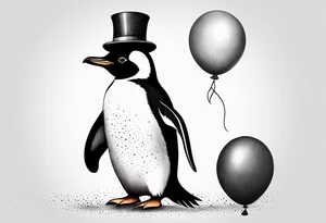 Realistic Penguin with a party hat and a ballon crosshatch style tattoo idea