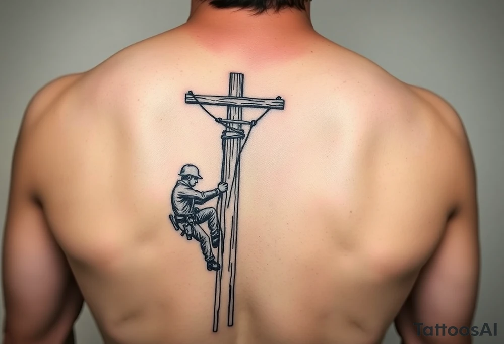 power lineman climbing a wooden 12kv pole. Make the pole a cross that has a hidden resemblance to god tattoo idea