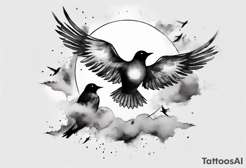shoulder tattoo with light rays with birds flying free among the clouds, round shape, 3d effect tattoo idea shoulder tattoo with light rays with birds flying free among the clouds, round shape, 3d effect tattoo idea
