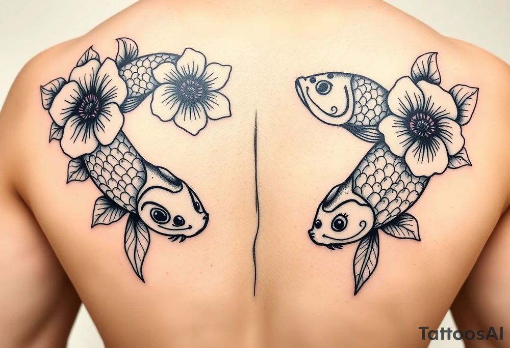 Flowers. Japanese fishes. 3 hands for children tattoo idea