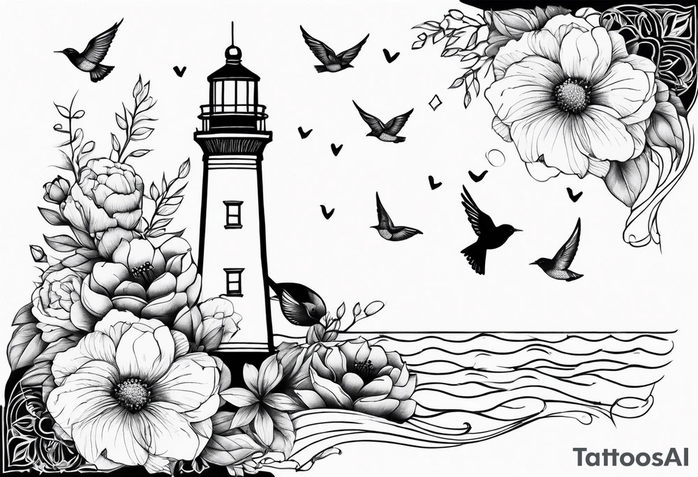 Feminine lighthouse with flower and songbirds tattoo idea