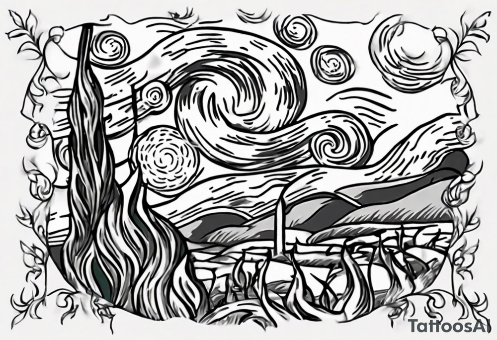 Create a small Vincent van Gogh art tattoo. The intended placement is on the upper chest. The overall design should be small in size while maintaining a delicate and artistic aesthetic. Pay attention to the graceful flow of the vines and the placement of the irises to achieve a refined and elegant look. tattoo idea
