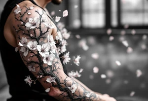 delicate cherry blossoms swirling in spring breeze with petals tattoo idea