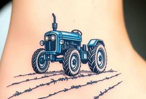 A detailed blue tractor with headlights glowing, standing proudly on a freshly tilled farm field. tattoo idea