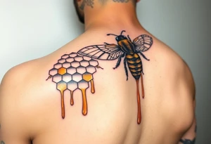steampunk design of honeycomb with bee and dripping honey on the upper arm and shoulder tattoo idea