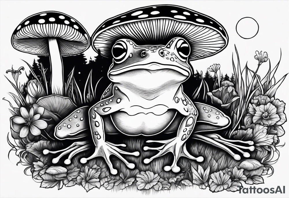 dancing frog under the moonlight mushroom in the Background mystical tattoo idea