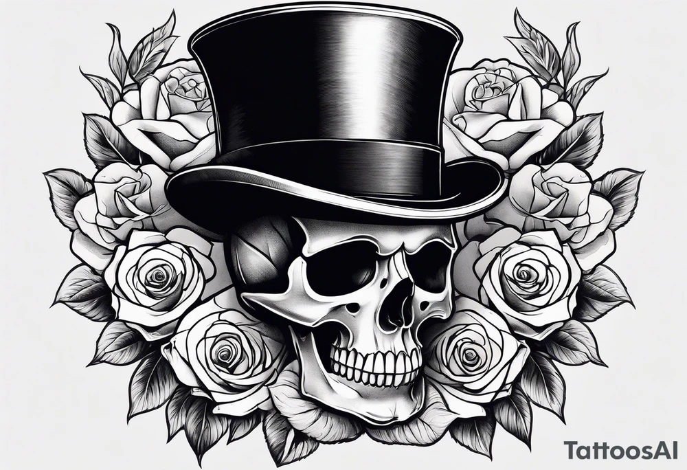 Gothic skull in top hat wrapped in roses tattoo idea