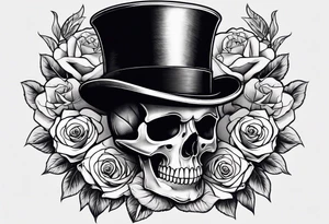 Gothic skull in top hat wrapped in roses tattoo idea