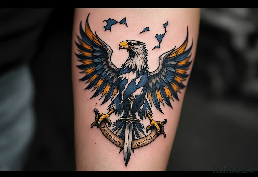 Battle-Worn Silesian Eagle with Torn Banners – A strong, battle-scarred eagle with ripped blue and yellow banners flowing behind it, representing the resilience of Silesia. The eagle's claws clutch an old sword or a scroll with historical inscriptions, adding a storytelling element. tattoo idea