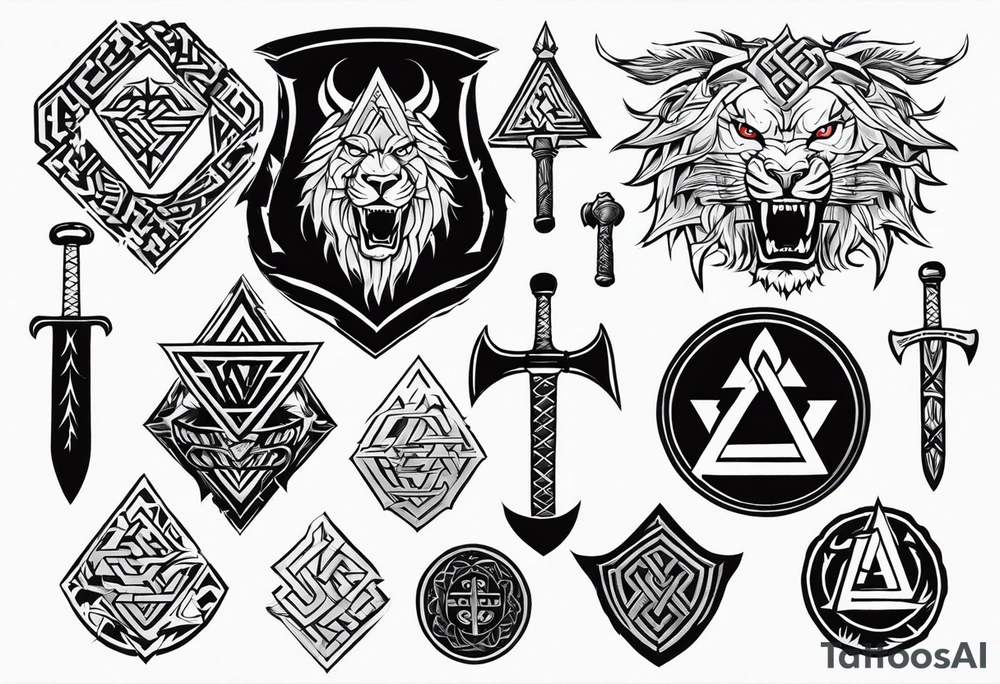 Valhalla sword shield axe Valknut dragon lion tattoo idea Valhalla sword shield axe Valknut dragon lion tattoo idea