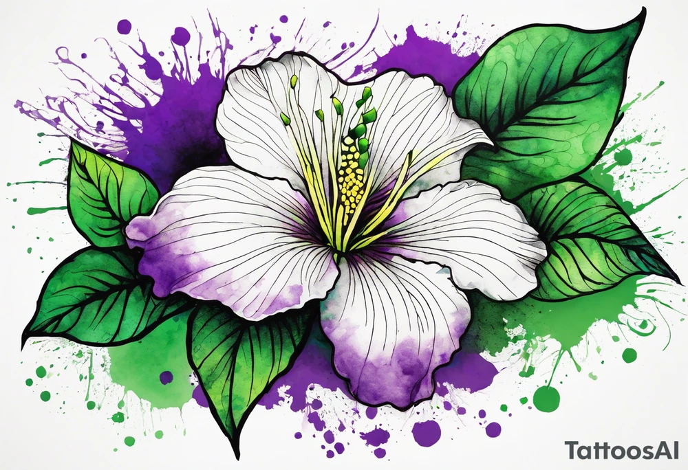 An outline of a rio dipladenia flower with a green and purple watercolor blotch splatter in the background tattoo idea