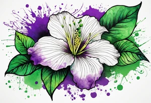 An outline of a rio dipladenia flower with a green and purple watercolor blotch splatter in the background tattoo idea